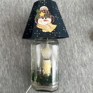 Snowman Jar Light Winter Snow Scene Home Decor 9" Plug In Electric Bulb Works